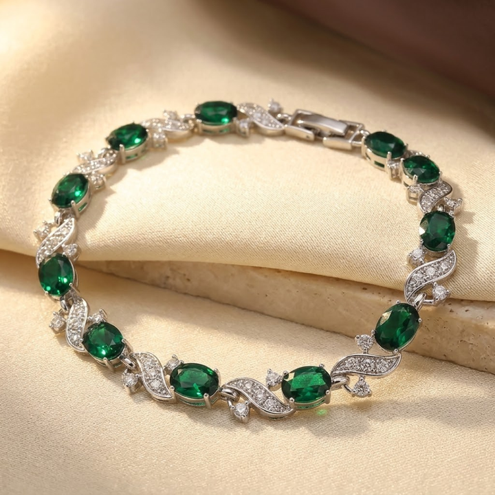 Pulseira Vintage de Elos em Prata e Esmeralda