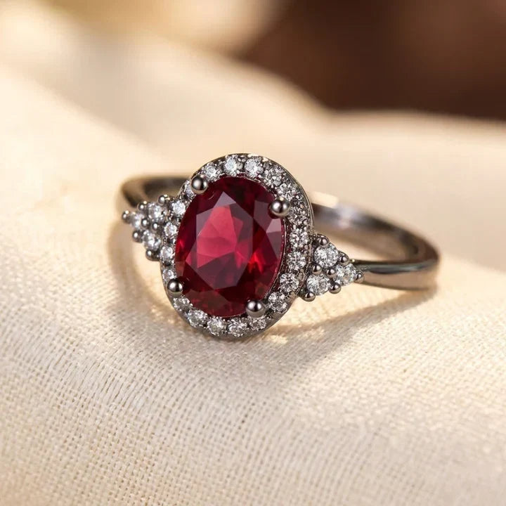 Anel Halo de Rubi Prateado