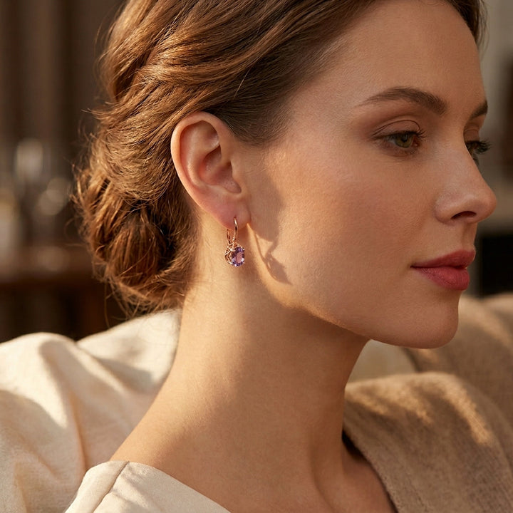 Brincos de Estudo em Ametista Dourada Rosa