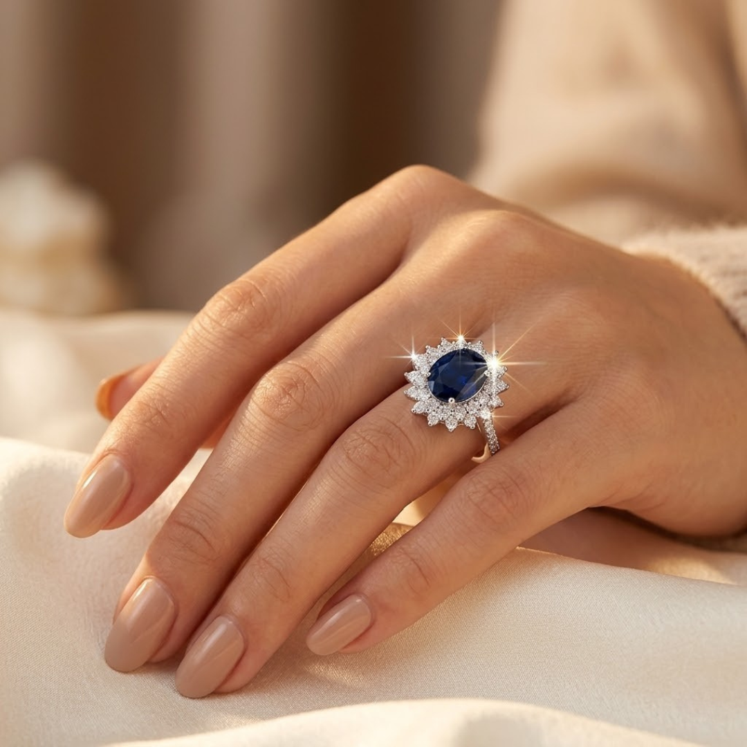 Anel Halo de Safira Dourada