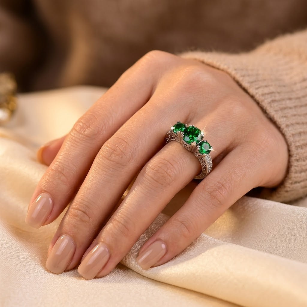 Anel Três Pedras Prata Esmeralda